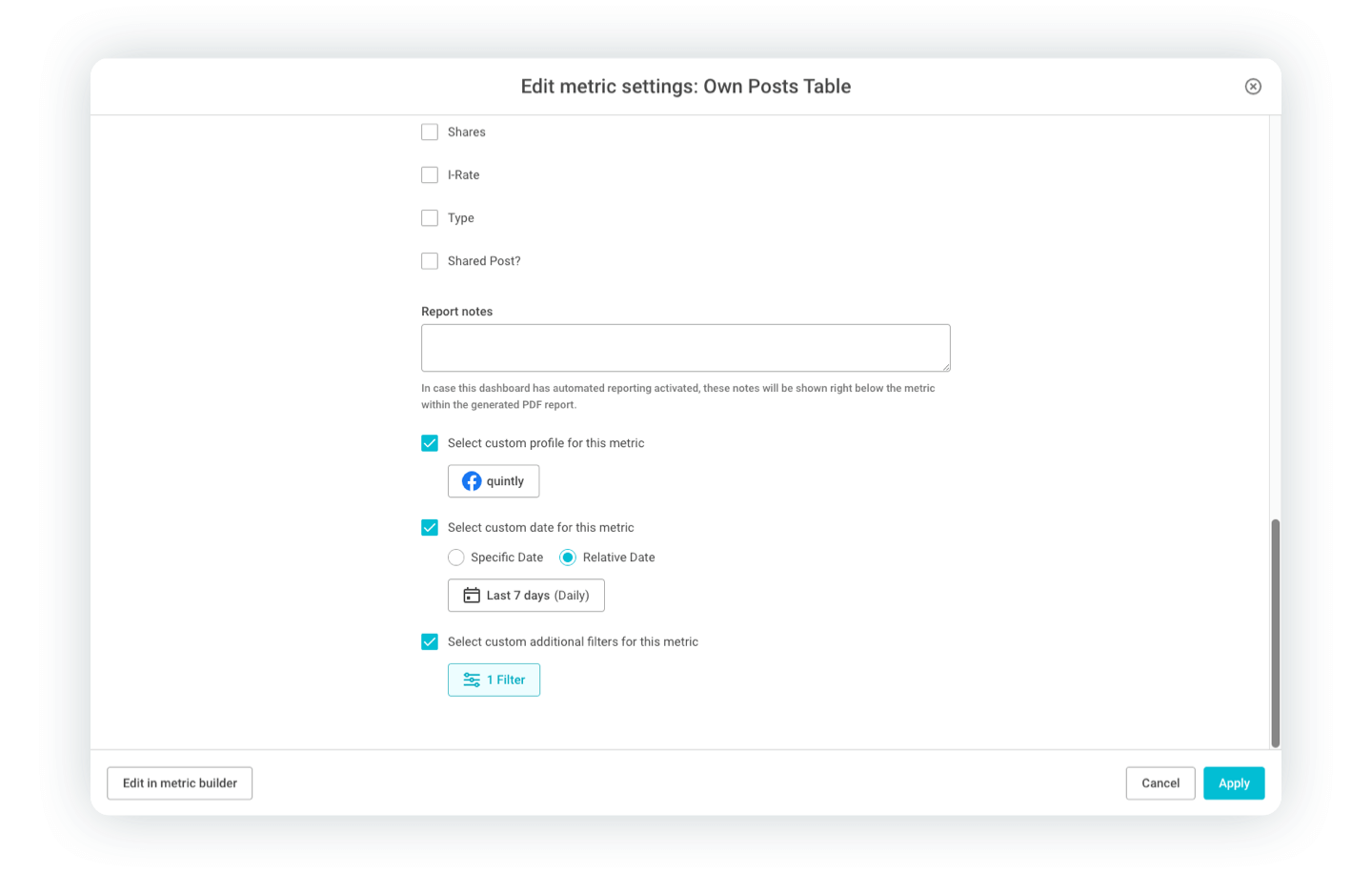 Advanced filtering on the metric level